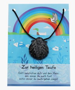 „Zur heiligen Taufe“ Schneeflockenobsidian Jakobsmuschel Anhänger auf großer Karte